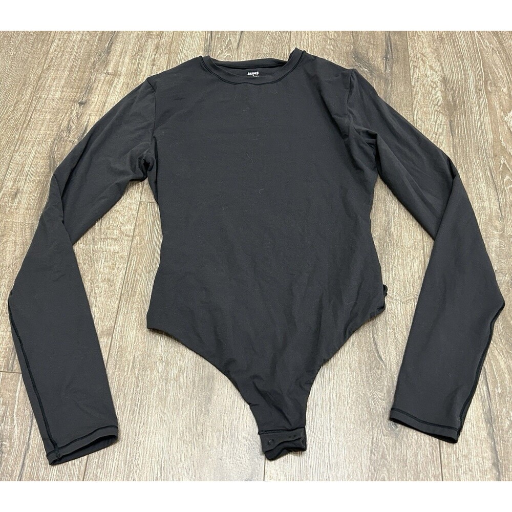 Skims Black Long Sleeve Crew Neck Bodysuit Stretch Snap Closure Size M